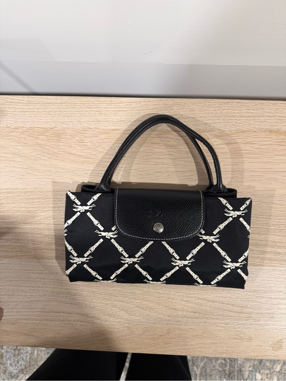 Longchamp Le Pliage Small Top Handle Bag Black White Horse Print
